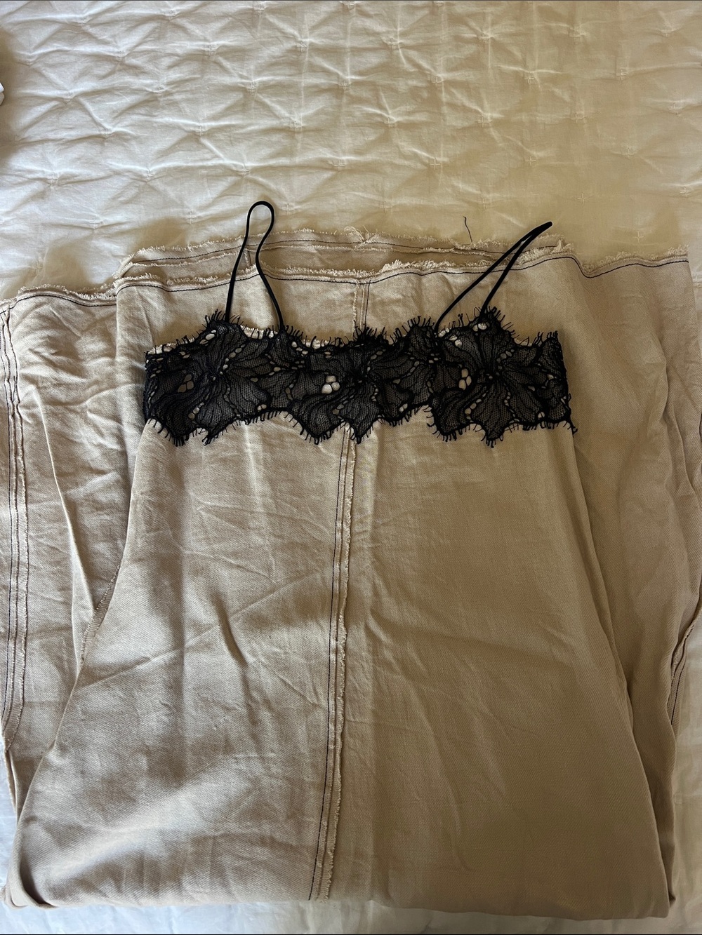 Zara Beige Midi Slip Dress with Black Lace Trim